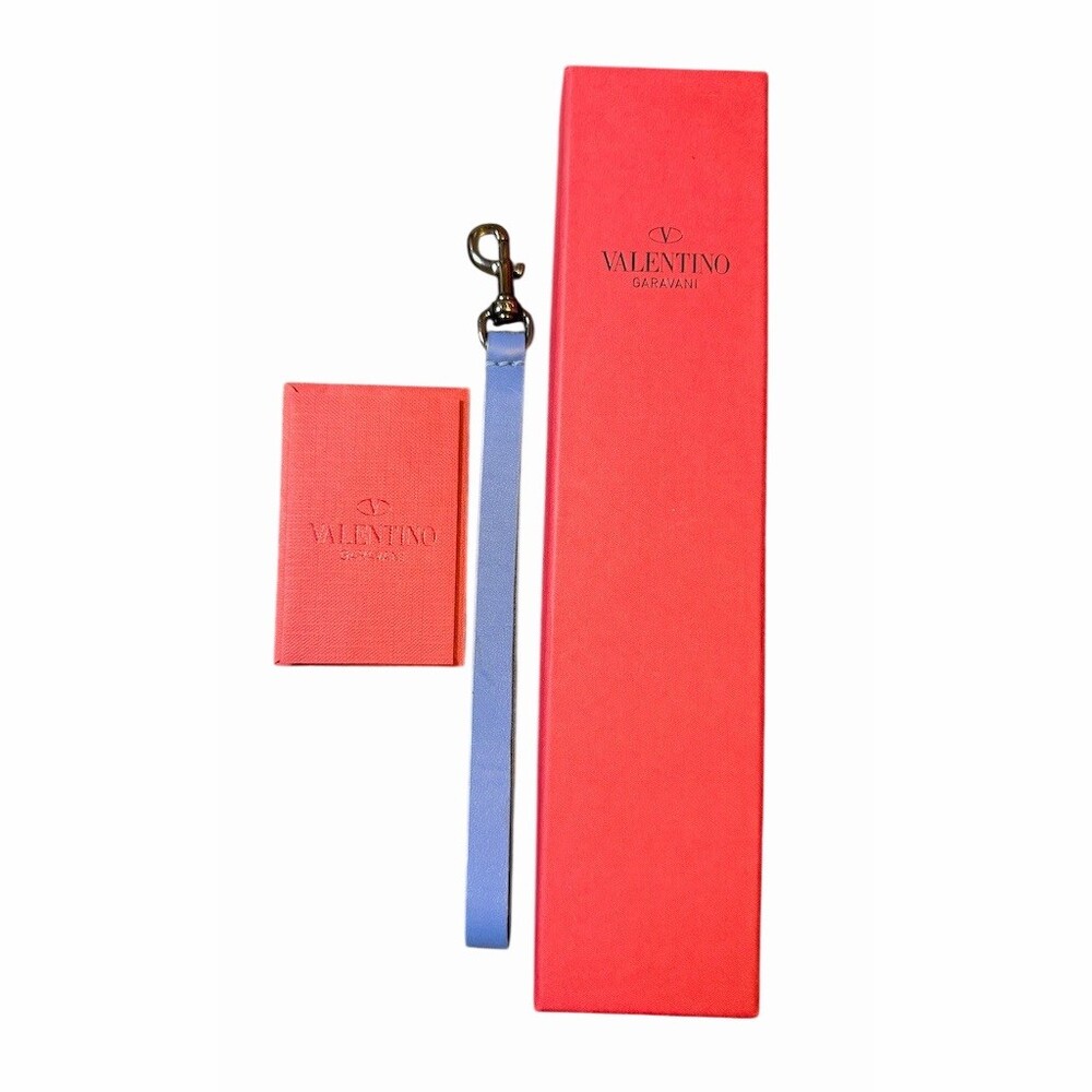 Valentino Garavani Wrist Strap Lanyard Keychain Blue Gunmetal Tone Clasp Box